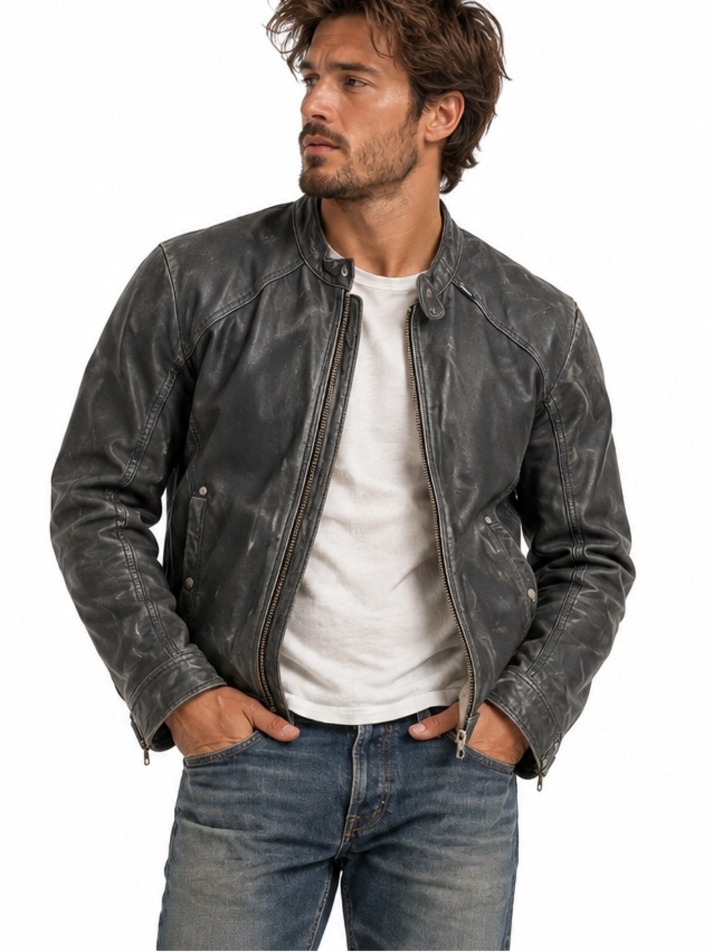 Diesel Distressed Leather Bomber Jacket L Dark Blue Moto Zip Snap Collar Patina